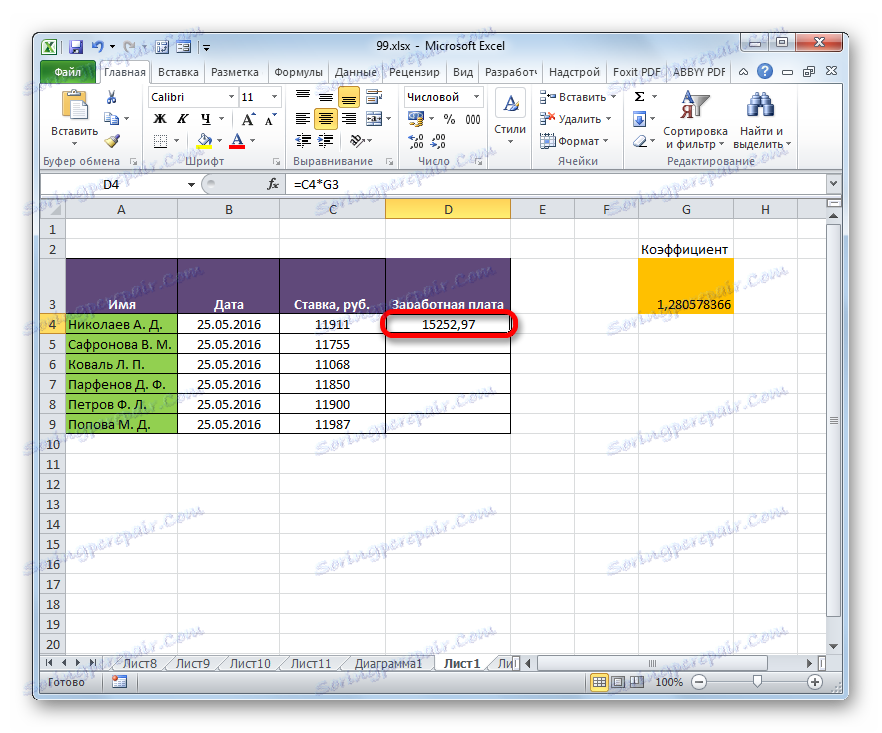 نتيجة حساب الراتب للموظف الأول في Microsoft Excel