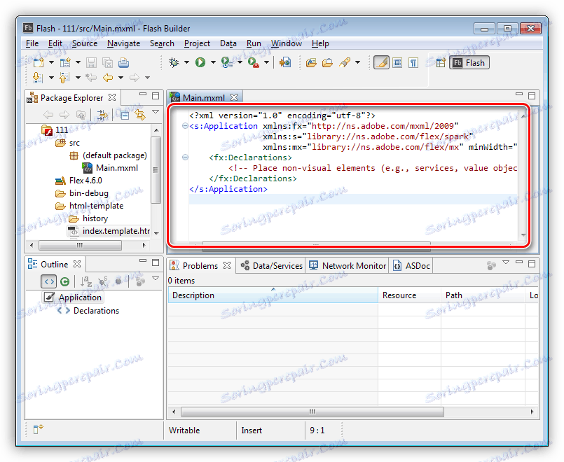 Edytor kodu źródłowego aplikacji w Adobe Flash Builder
