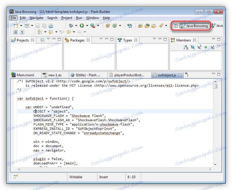 Wybierz projekcję w Adobe Flash Builder