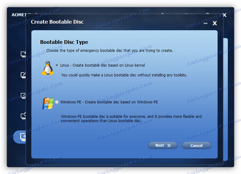 Izbira okolja za obnovitev pogona v standardnem standardu Aomei Backupper