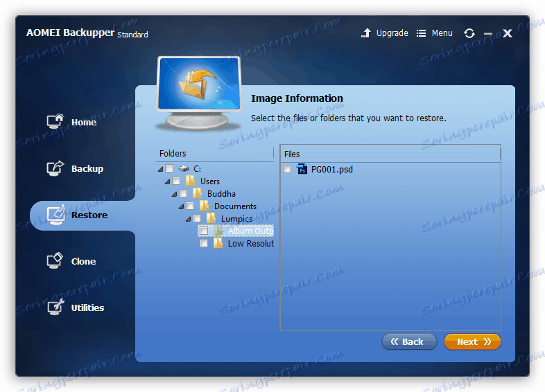 Izbira elementov, ki jih želite obnoviti v standardu Aomei Backupper