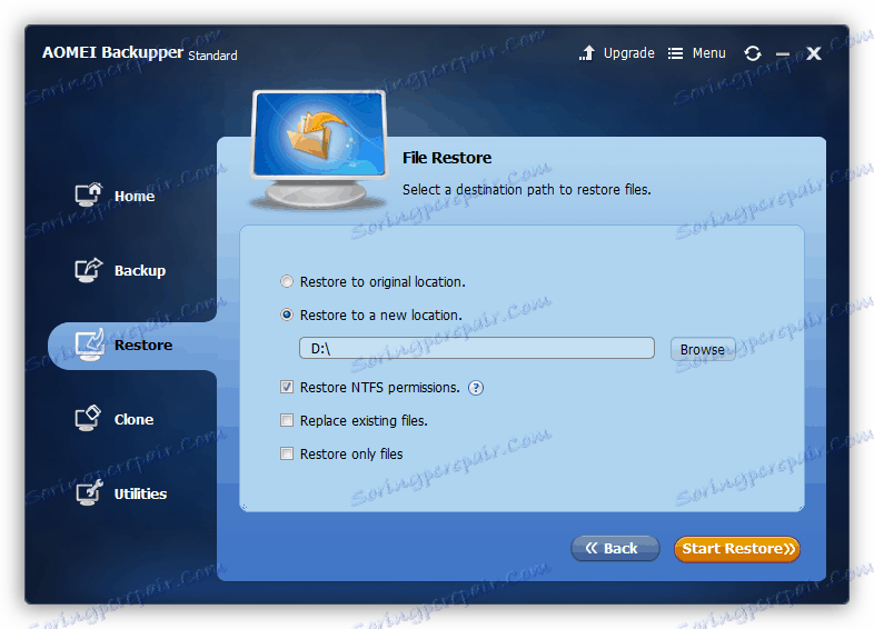 Izbira mesta za obnovitev v standardnem standardu Aomei Backupper
