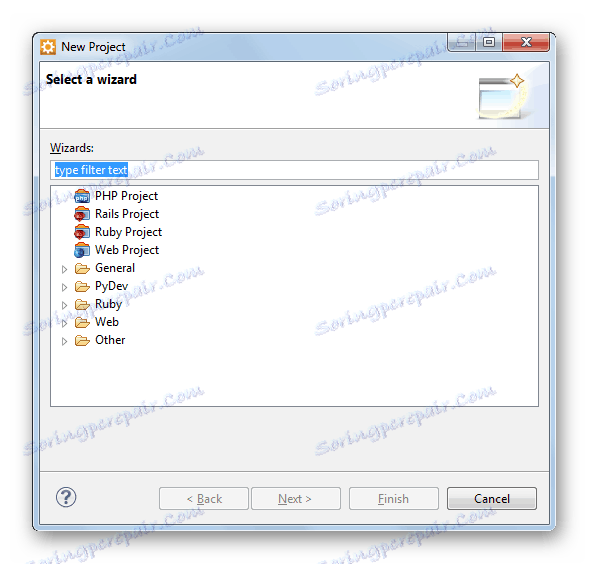 انتخاب یک پروژه در برنامه Aptana Studio