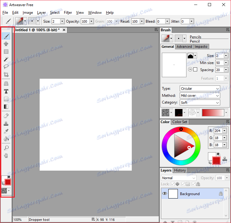 Orodna vrstica v programu Artweaver