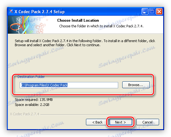 Vyberte priečinok na inštaláciu balíka XP Codec Pack v systéme Windows XP