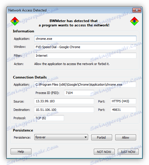 Упозорење мрежног филтера на активност апликација у програму БВМетер