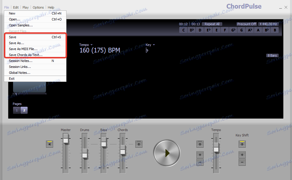 Експортиране на опции в ChordPulse