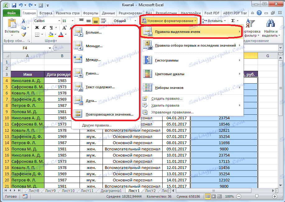 Правила за избор на клетки в Microsoft Excel
