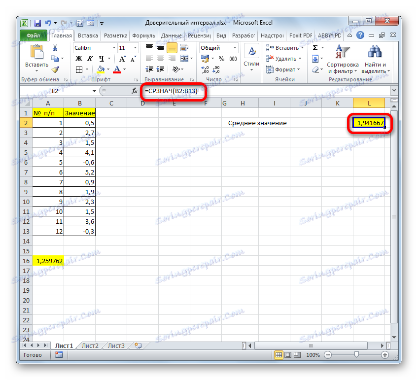 Результат розрахунку функції СРЗНАЧ в програмі Microsoft Excel