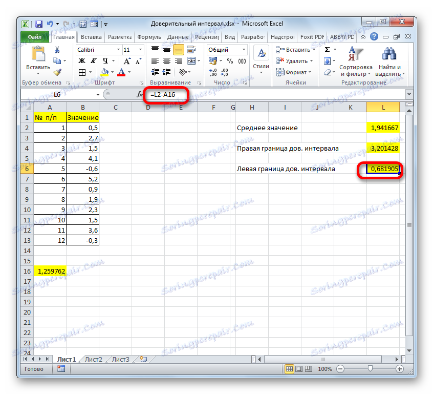 Ліва межа довірчого інтервалу в програмі Microsoft Excel