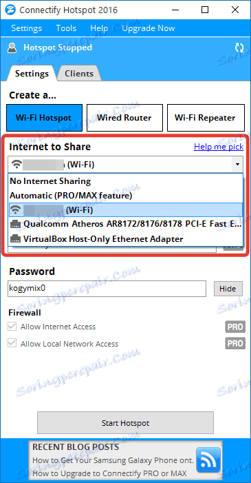 Výběr zdroje Internetu v programu Connectify