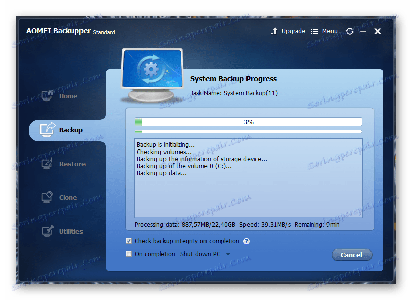 Proces tworzenia kopii zapasowej partycji systemowej w AOMEI Backupper na Windows 7