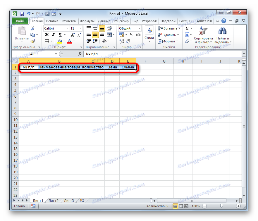 Záhlavie tabuľky vytvorené v programe Microsoft Excel