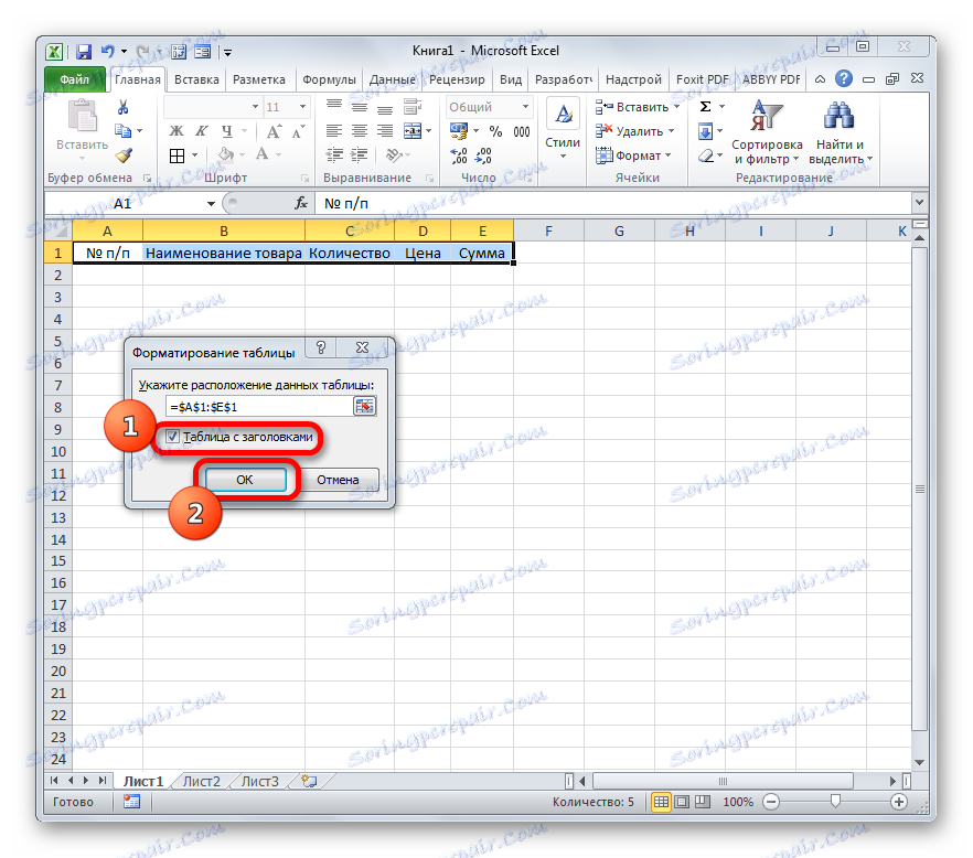 Okno pre formátovanie tabuľky v programe Microsoft Excel