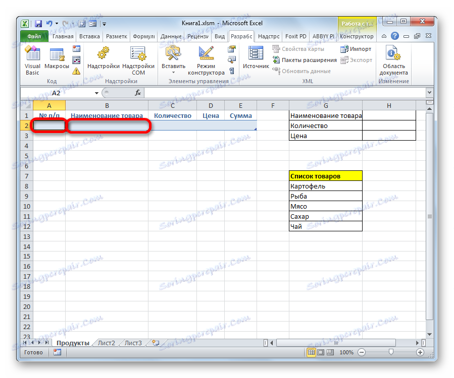 Prvé dve bunky tabuľky s údajmi v programe Microsoft Excel