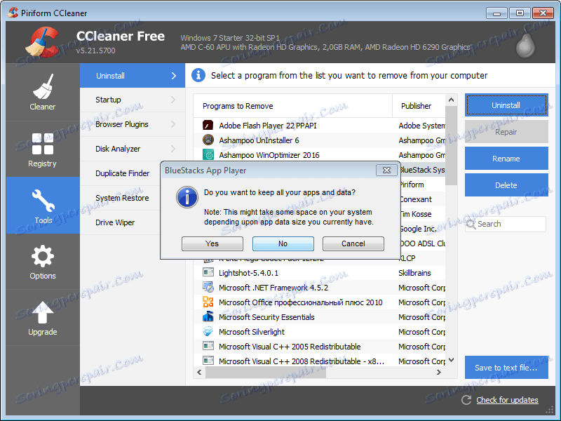 Drugie potwierdzenie usunięcia BlueStacks za pomocą CCleaner