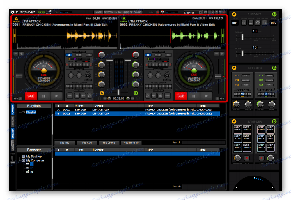Радна област, у којој је мешање и обрада неколико музичких нумера у ДЈ ПроМикеру
