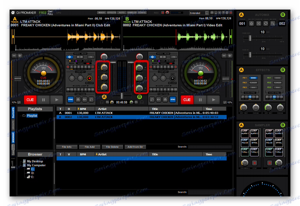 Инструменти одговорни за волумен и степен присуства у музици са ниским, средњим и високим нотама у ДЈ ПроМикеру
