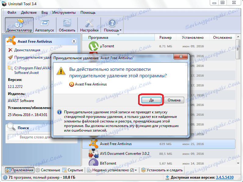 Potvrdenie núteného vymazania Avast v nástroji Unistall Tool
