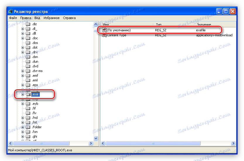 Стандартният параметър exefile в регистъра на Windows XP