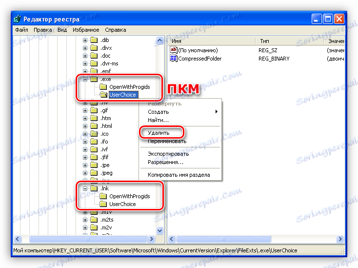 Изтриване на папката UserChoise в настройките на системния регистър на Windows XP