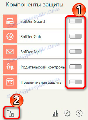 Искључите све компоненте заштите у антивирусном програму ДрВеб
