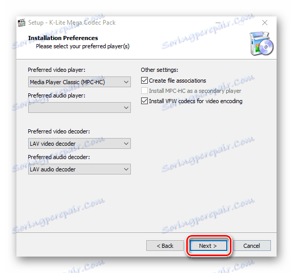 Výběr možností instalace balíčku K-Lite Codec Pack