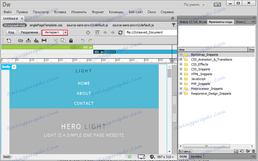 Interaktivni ogled spletnega mesta v programu Adobe Dreamweaver