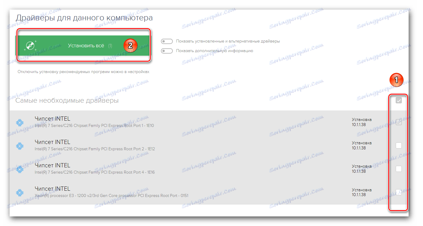 Избиране на драйверите за инсталацията и бутона за стартиране на процеса