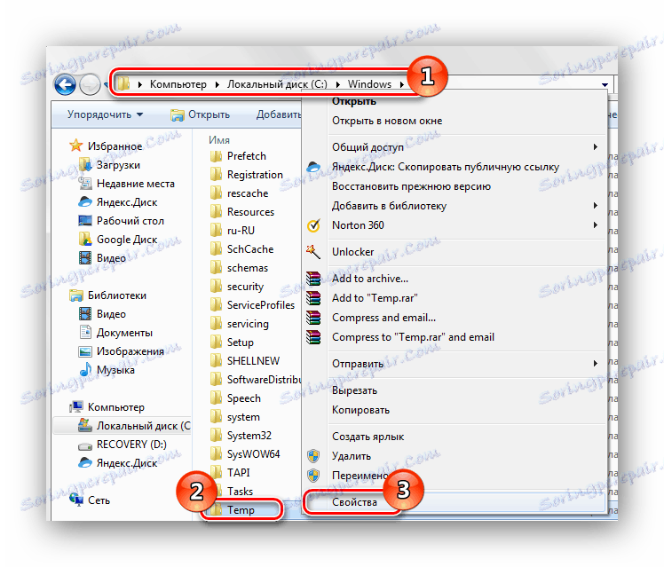 Mapa za začasne datoteke za lastnosti sistema Windows 7