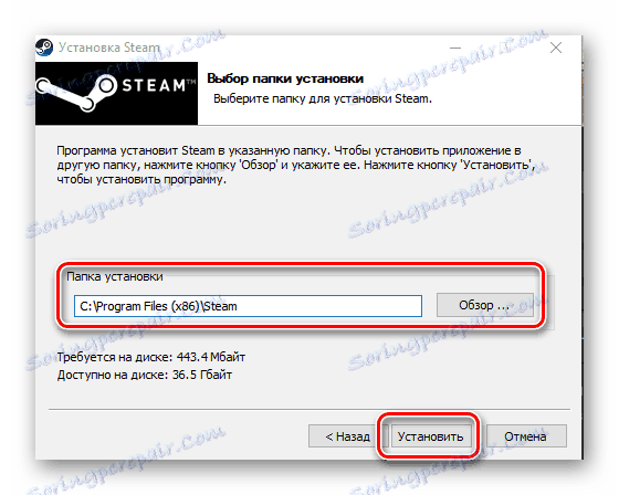 vyberte inštalačnú zložku pary