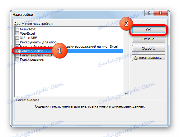Vključen je tudi analizni paket v oknu z dodatki v programu Microsoft Excel
