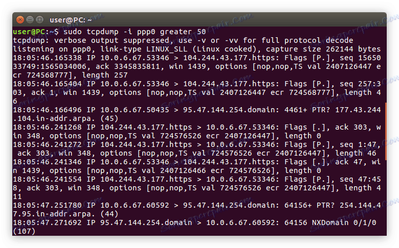 filtriranje paketa njihovim filtrom veličine veći u naredbi tcpdump u Linuxu