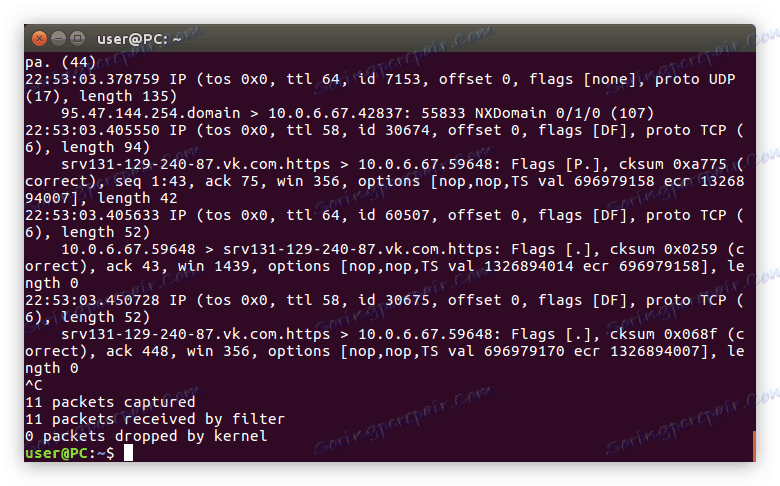 primjer kartiranja mrežnog sučelja pomoću tcpdump naredbe pomoću opcije -v u Linuxu