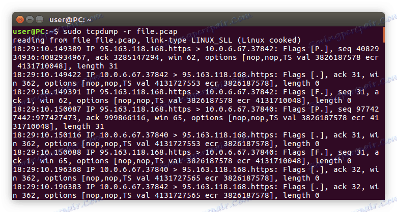 primjer gledanja prethodno spremljene tcpdump naredbene datoteke s w opcijom