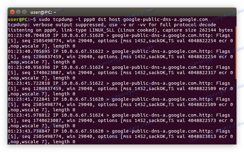 primjer korištenja filtra dst i glavnog računala u naredbi tcpdump u Linuxu