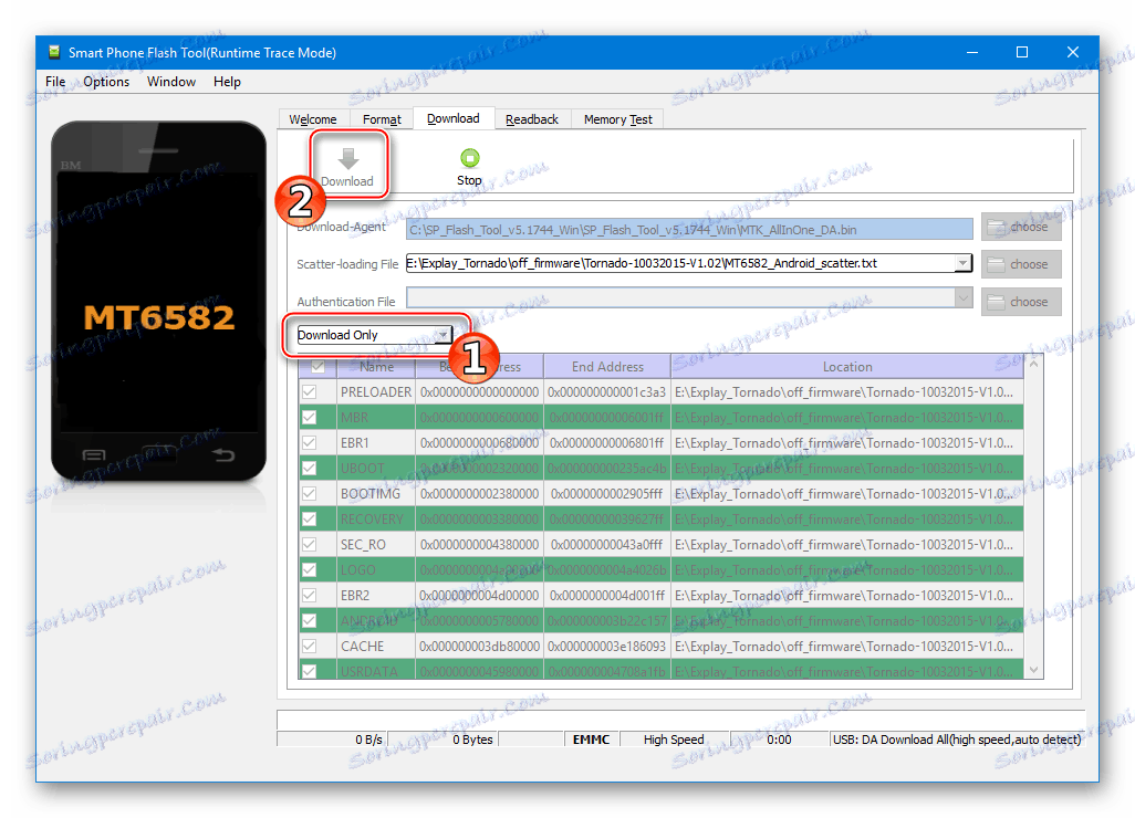 Explay Tornado Zaženite programsko opremo s programom Flashtool v načinu za prenos samo