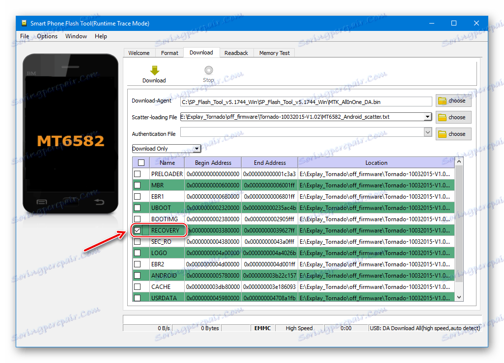 Explay Tornado namestitev obnovitve po meri preko FlashTool