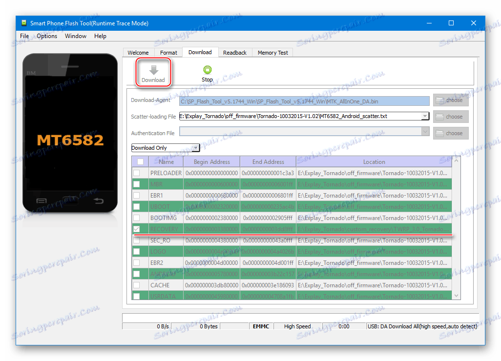Explay Tornado se začne Namestitev obnovitve po meri v FlashTool