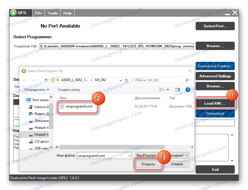 Firmvér Lenovo A6000 prostredníctvom QFIL pridáva rawprogram0.xml Load XML