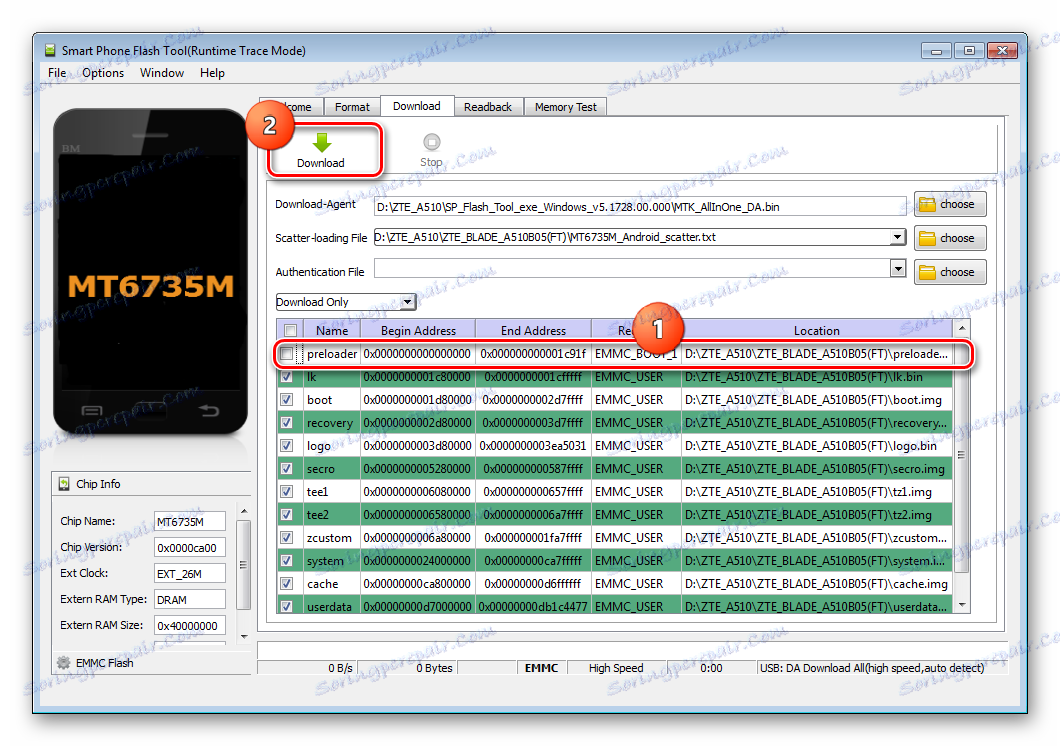 Bliskavico ZTE Blade A510 SP brez prednapetja v načinu za prenos samo