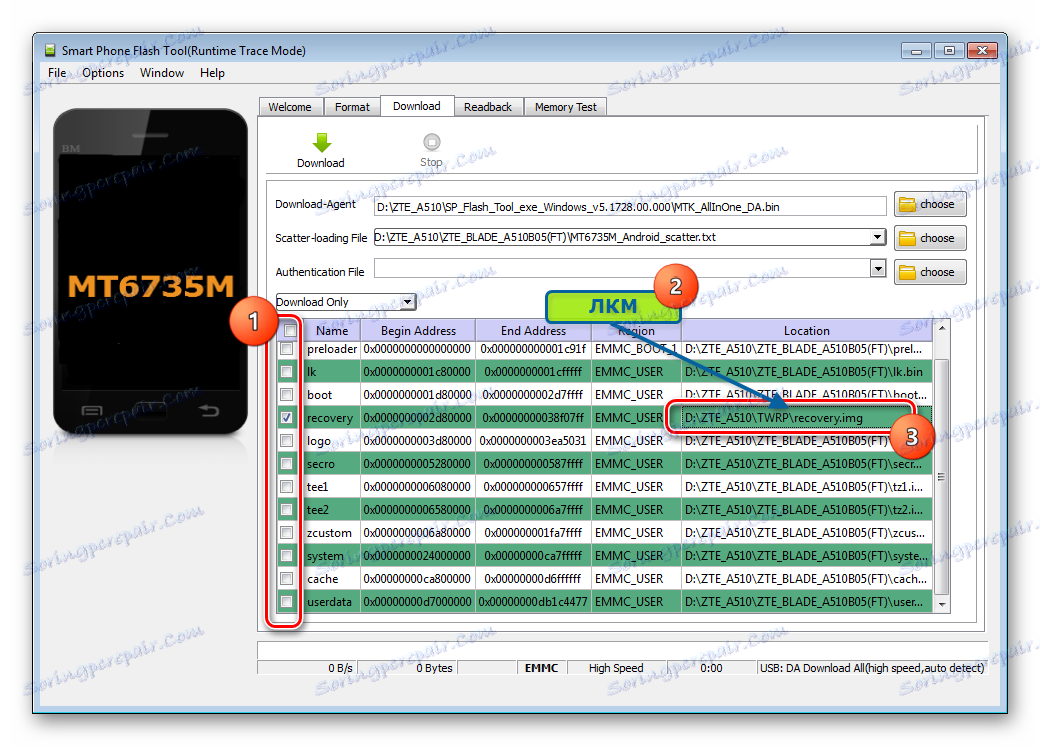 Vgrajena programska oprema ZTE Blade A510 TVRP s pomočjo zamenjave slike Flashtool