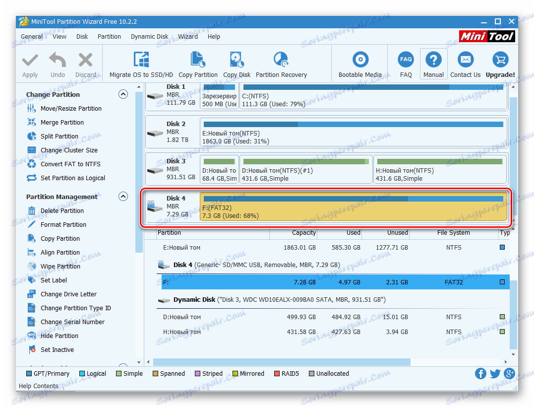 Samsung Wave GT-S8500 MiniTool Partition Wizard okno główne, karta pamięci