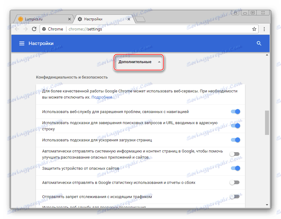 فلش پلیر در تنظیمات Google Chrome - لیست اضافی گزینه ها
