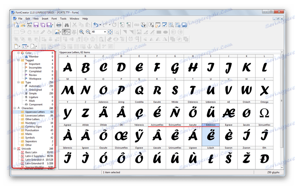 Nástroj pro seskupování znaků do kategorií v aplikaci FontCreator