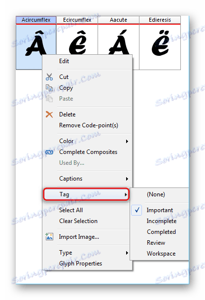Funkce použití štítků na znak v programu FontCreator