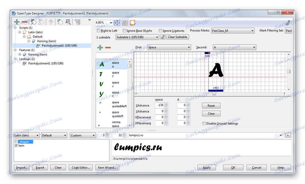 Okno pro více informací o písmu v aplikaci FontCreator