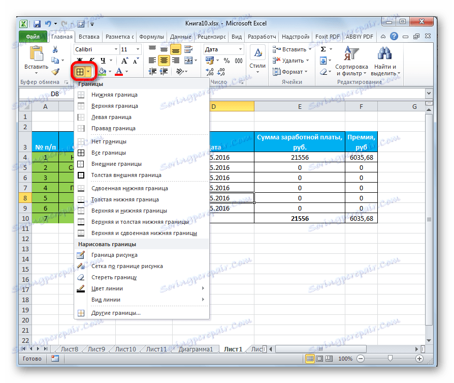 Tlačítko ohraničení na pásu karet v aplikaci Microsoft Excel