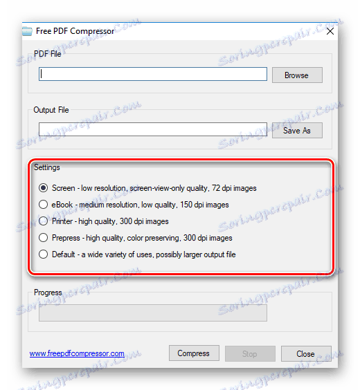 إعدادات ضغط المستند في Free PDF Compressor