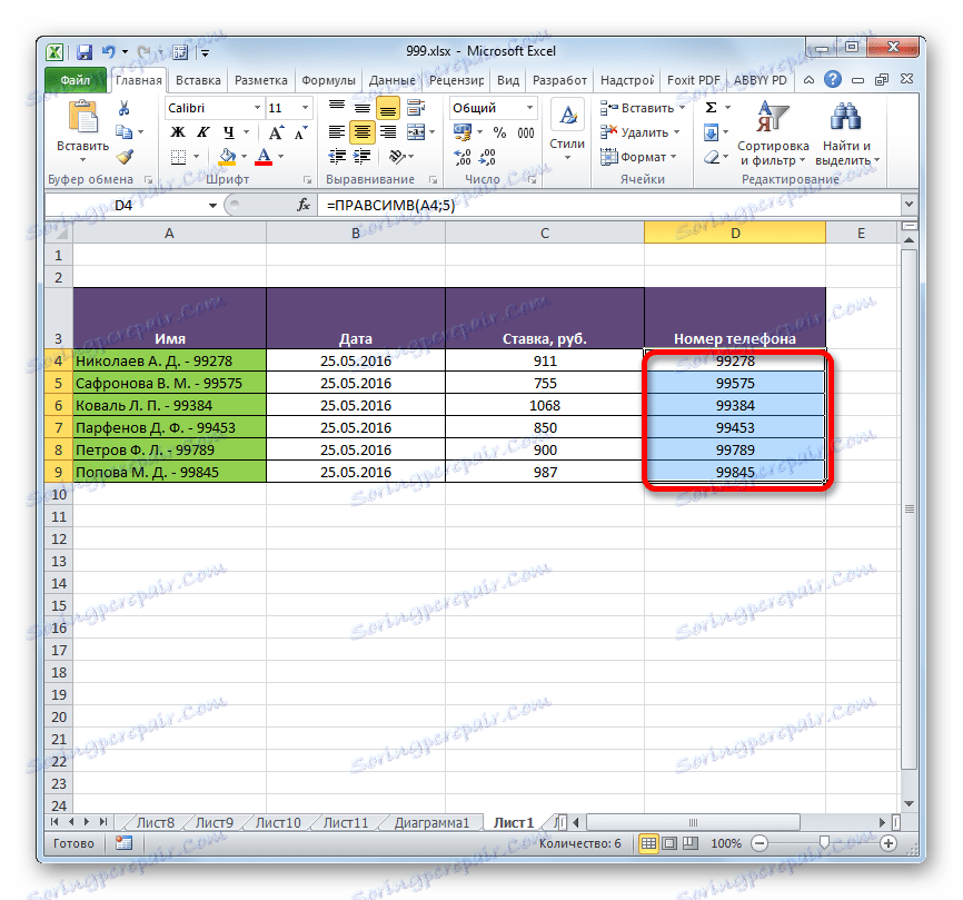 Sloupec s telefonními čísly je vyplněn v aplikaci Microsoft Excel